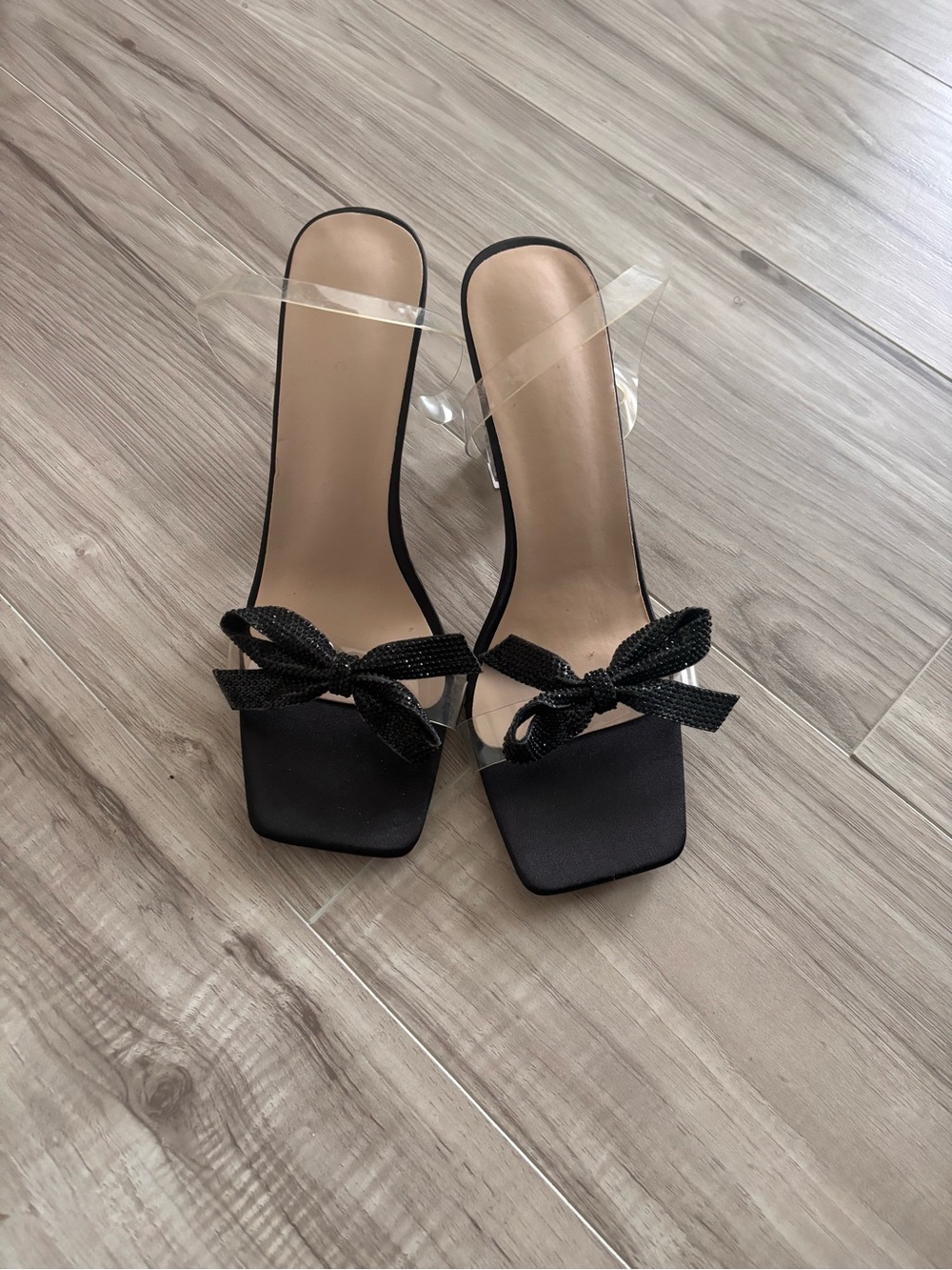 Black Bow Clear Strap Slide Heels